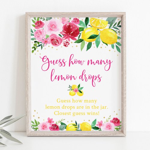 Pink Floral Lemon Baby Shower Guess How Many Game Poster
