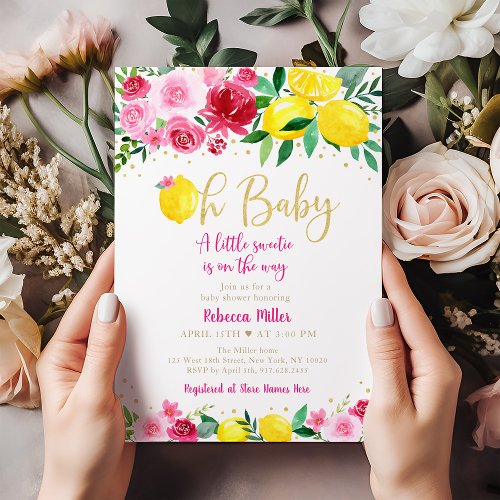 Pink Floral Lemon Baby Shower Invitation