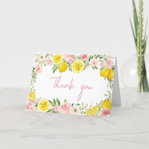 Pink Floral Lemon Baby Shower Letterpress Thank You Card