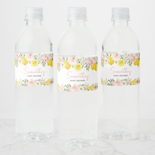 Pink Floral Lemon Baby Shower Water Bottle Label