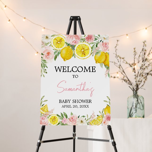 Pink Floral Lemon Baby Shower Welcome Sign (In Situ (Stand))