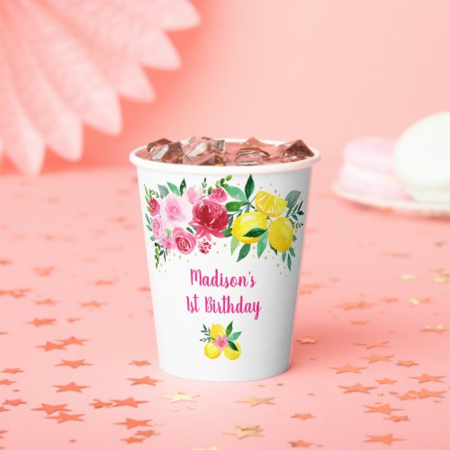 Pink Floral Lemon Birthday Paper Cups