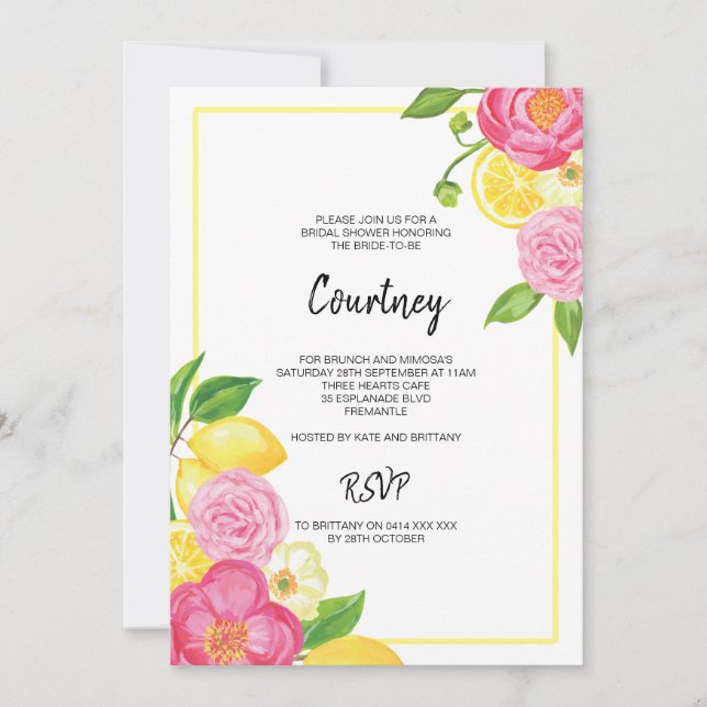 Pink Floral Lemon Bridal Shower Party Invitation (Front)
