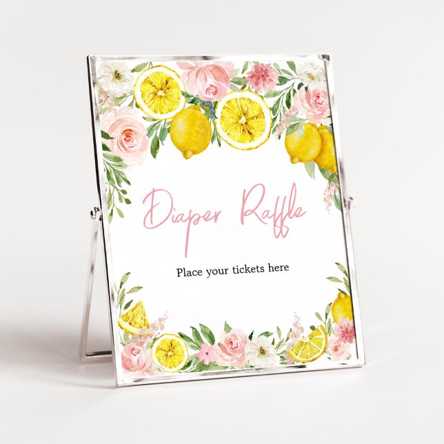 Pink Floral Lemon Diaper Raffle Poster (Summer Lemon Citrus Baby Shower Diaper Raffle Sign)