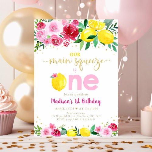Pink Floral Lemon First Birthday Invitation