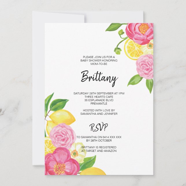 Pink Floral Lemon Gender Neutral Baby Shower Invitation (Front)