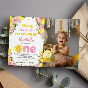 Pink Floral Lemon Girl 1st Birthday Invitation