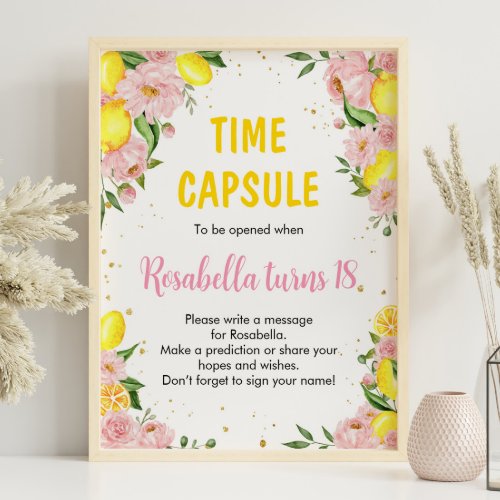 Pink Floral Lemon Girl Birthday Time Capsule Sign