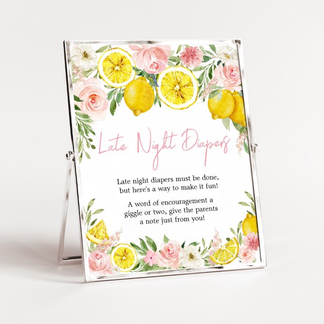 Pink Floral Lemon Late Night Diapers  Poster (Summer Lemon Citrus Baby Shower Late Night Diapers Sign)