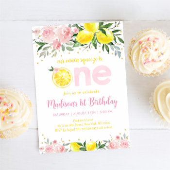 Pink Floral Lemon Main Squeeze First Birthday Invitation by LittlePrintsParties at Zazzle