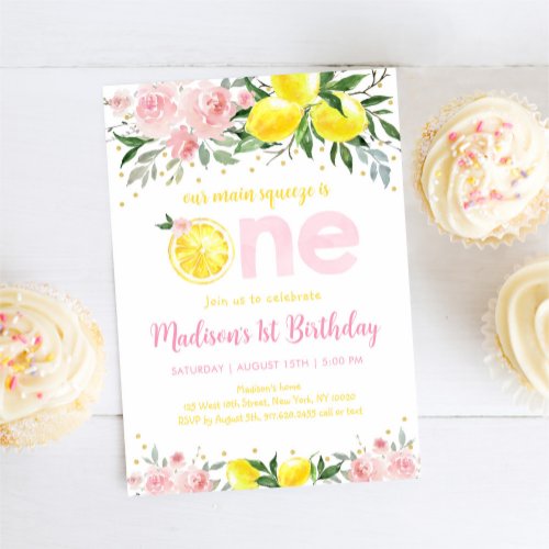 Pink Floral Lemon Main Squeeze First Birthday Invitation