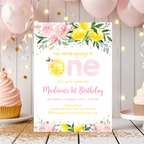 Pink Floral Lemon Main Squeeze First Birthday Invitation