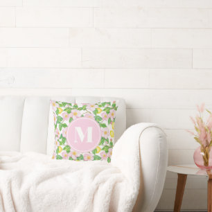 Pink Floral Lemon Pattern Monogram Throw Pillow