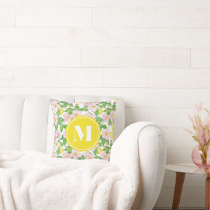 Pink Floral Lemon Pattern Monogram Throw Pillow