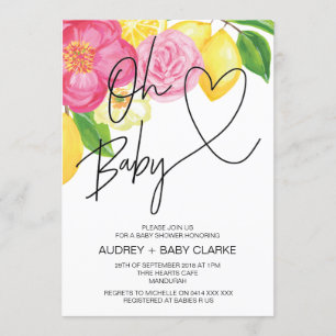 Pink Floral & Lemon Spring Oh Baby Girl Shower Invitation