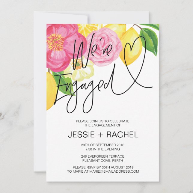 Pink Floral Lemon Summer Engagement Party Heart Invitation (Front)