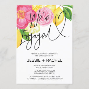 Pink Floral Lemon Summer Engagement Party Heart Invitation