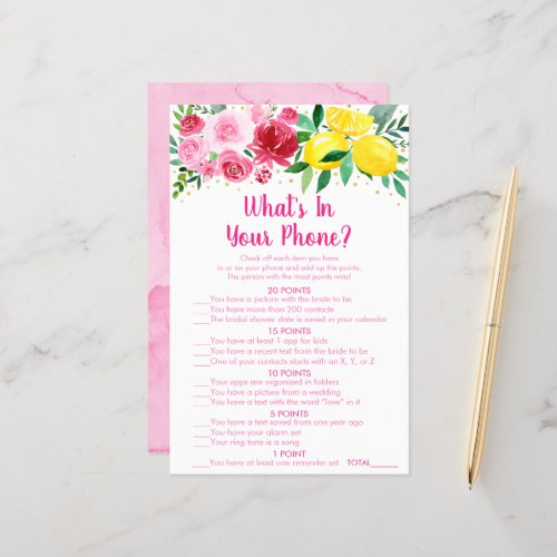 Pink Floral Lemon Whats In Your Phone Bridal Game