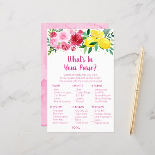 Pink Floral Lemon Whats In Your Purse Bridal Game