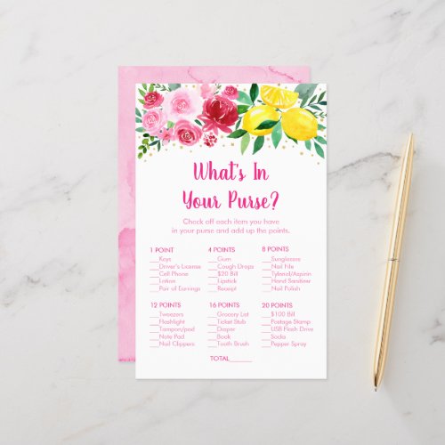 Pink Floral Lemon Whats In Your Purse Shower Game
