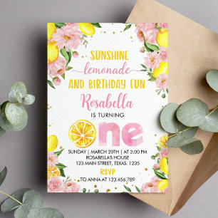 Pink Floral Lemonade 1st Birthday Invitation