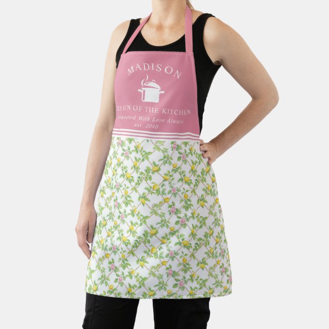 Pink Floral Lemons Citrus Queen of the Kitchen Apron (Insitu)
