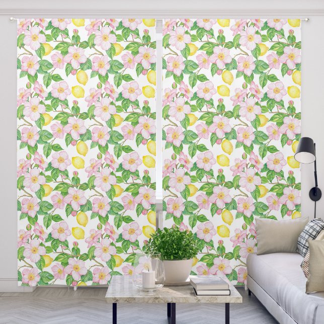 Pink Floral Lemons Pattern  Blackout Curtains (Living Room)