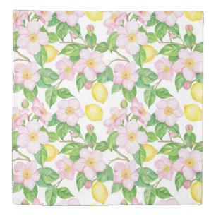 Pink Floral Lemons Pattern Duvet Cover