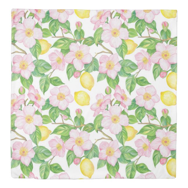 Pink Floral Lemons Pattern  Duvet Cover (Front)
