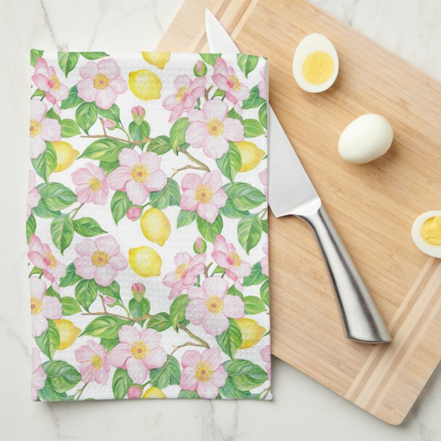 Pink Floral Lemons Pattern  Kitchen Towel (Quarter Fold)