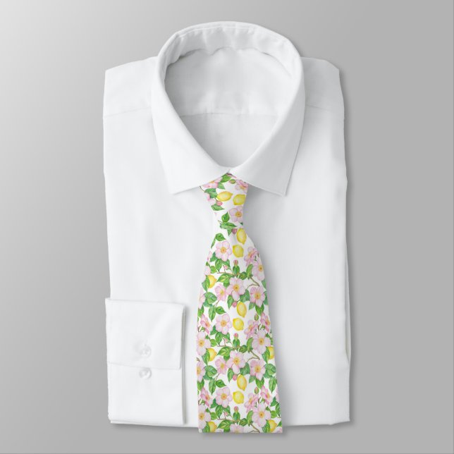 Pink Floral Lemons Pattern  Neck Tie (Tied)
