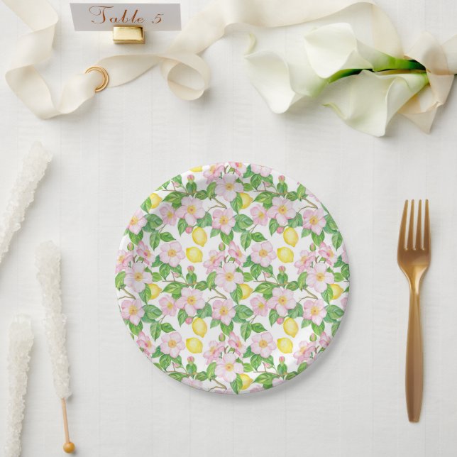Pink Floral Lemons Pattern  Paper Plates (Wedding)