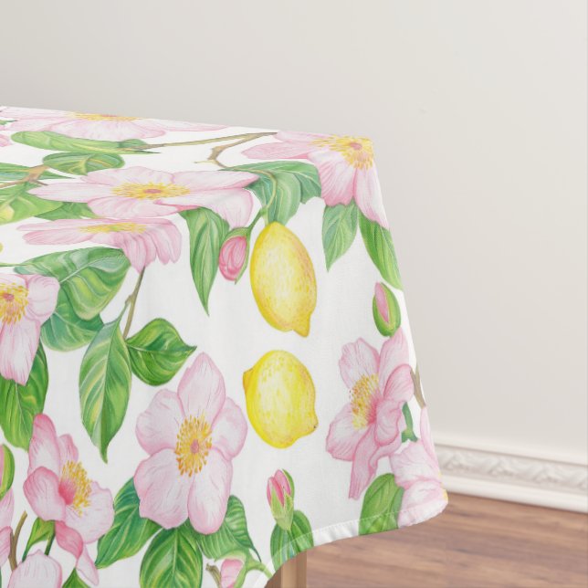 Pink Floral Lemons Pattern  Tablecloth (In Situ)