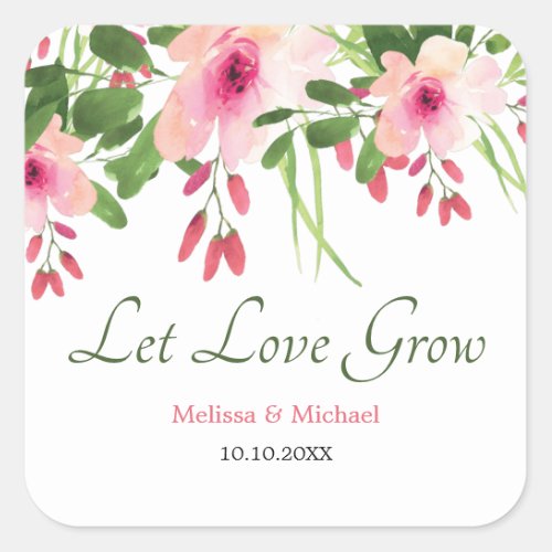 Pink Floral Let Love Grow Tropical Wedding Square Sticker