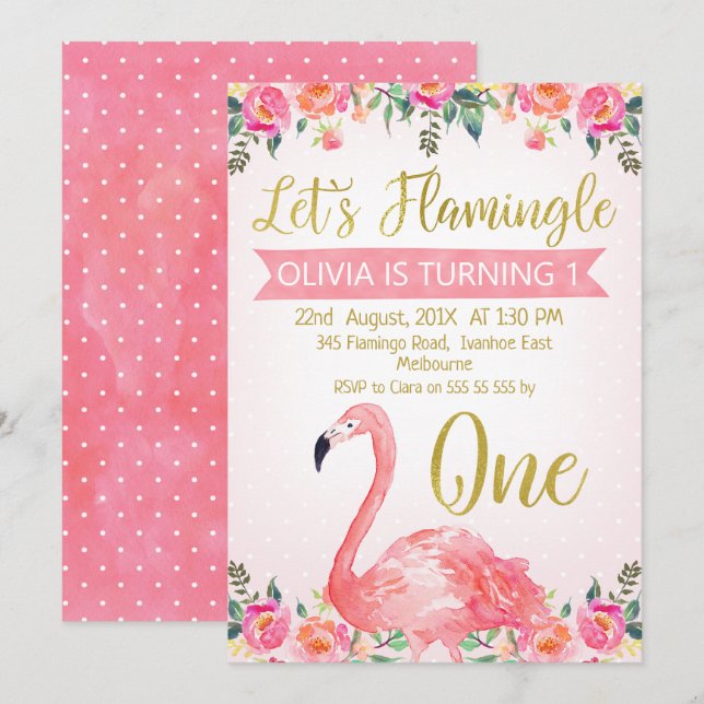 Pink Floral Let's Flamingle Birthday Invitation (Front/Back)
