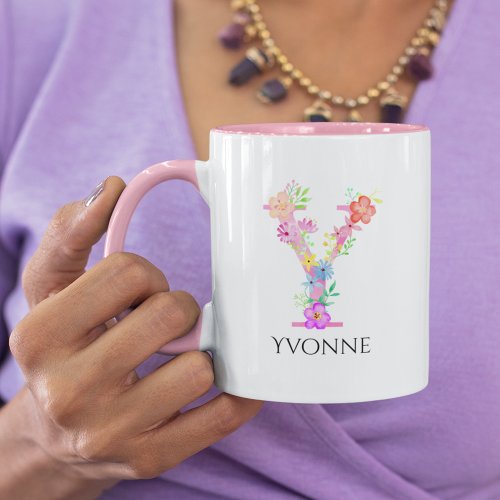Pink Floral Letter Y Initial Monogram and Name Two_Tone Coffee Mug