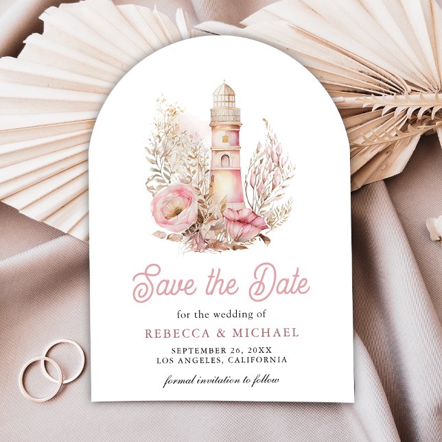 Pink Floral Lighthouse Nautical Arch Photo Wedding Save The Date (Front)