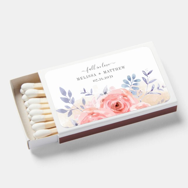 Pink Floral Lilac Rustic Botanical Fall Wedding Matchboxes (Front Open)