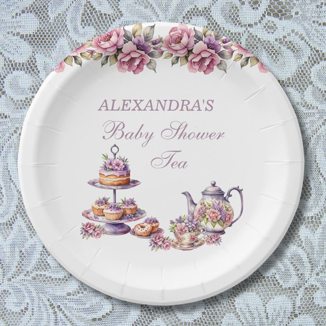 Pink Floral Lilac Tea Party Baby Girl Shower Paper Plates (Creator Uploaded)