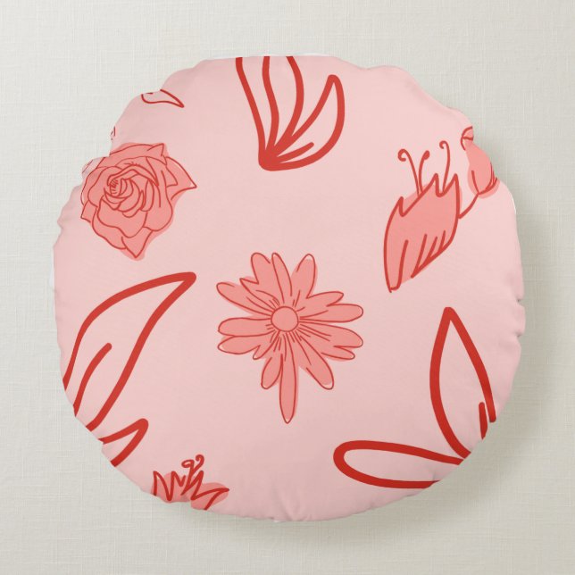 Pink Floral Line Art Pattern Round Pillow (Front)