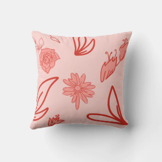 Pink Floral Line Art Pattern Throw Pillow