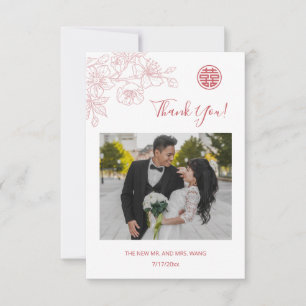 Pink Floral Line Art Photo Wedding Thank You Card