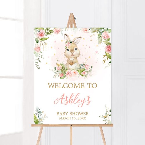 Pink Floral Little Bunny Baby Shower Welcome Poster