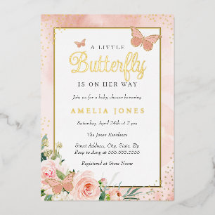 Pink Floral Little Butterfly Girl Baby Shower  Foil Invitation