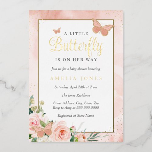 Pink Floral Little Butterfly Girl Baby Shower  Foil Invitation