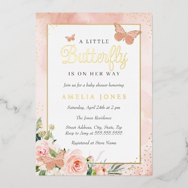 Pink Floral Little Butterfly Girl Baby Shower  Foil Invitation (Front)