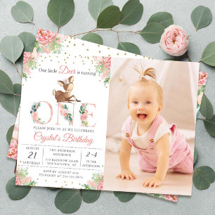 Pink Floral Little Deer First Birthday Photo Invitation