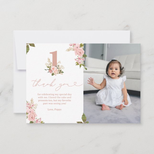 Pink Floral Little Miss 1st Birthday Thank You Card (Front)