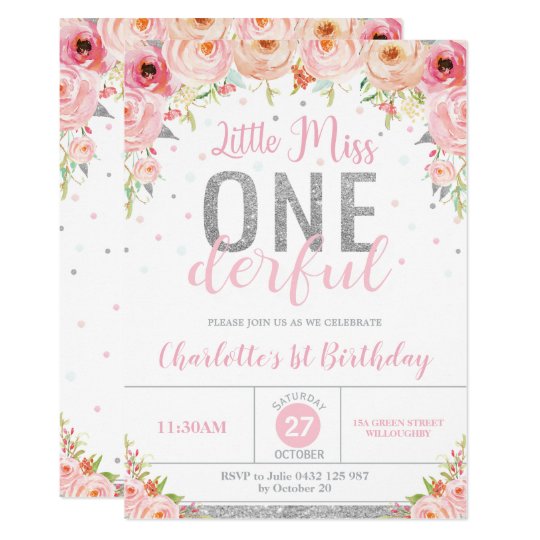 Pink Floral Little Miss Onederful 1st Birthday Invitation | Zazzle.com