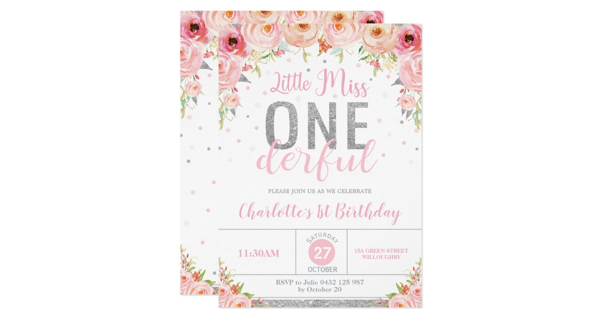 Pink Floral Little Miss Onederful 1st Birthday Invitation Zazzle Com